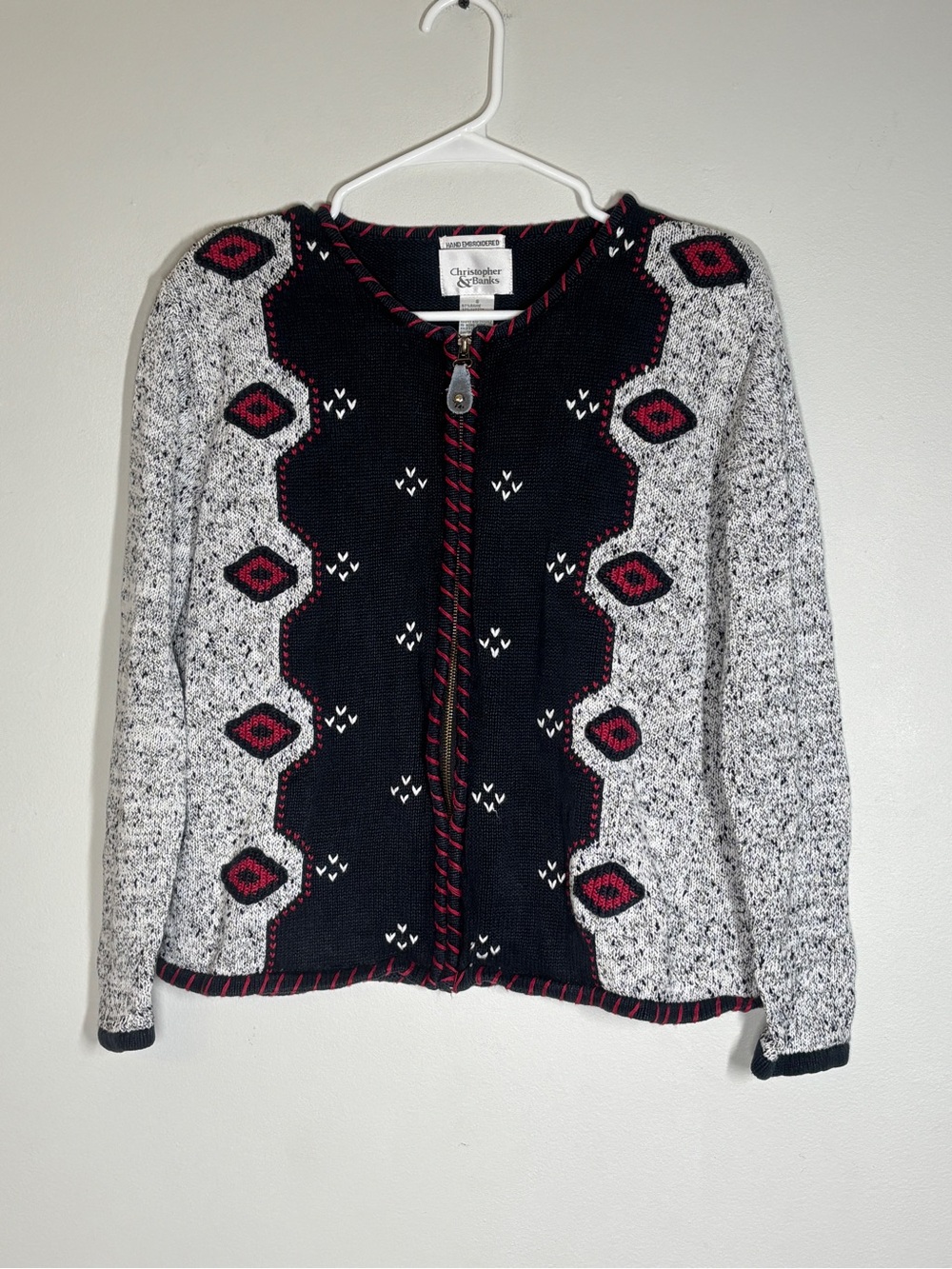 Christopher & Banks Navy, Gray & Red Zip-Front Patterned Cardigan